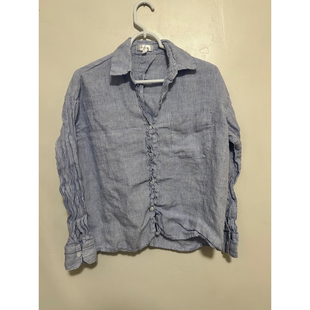 Made For Italic Womens XS 100% Linen Blue White Pinstripe Split‎ Back Shirt Top